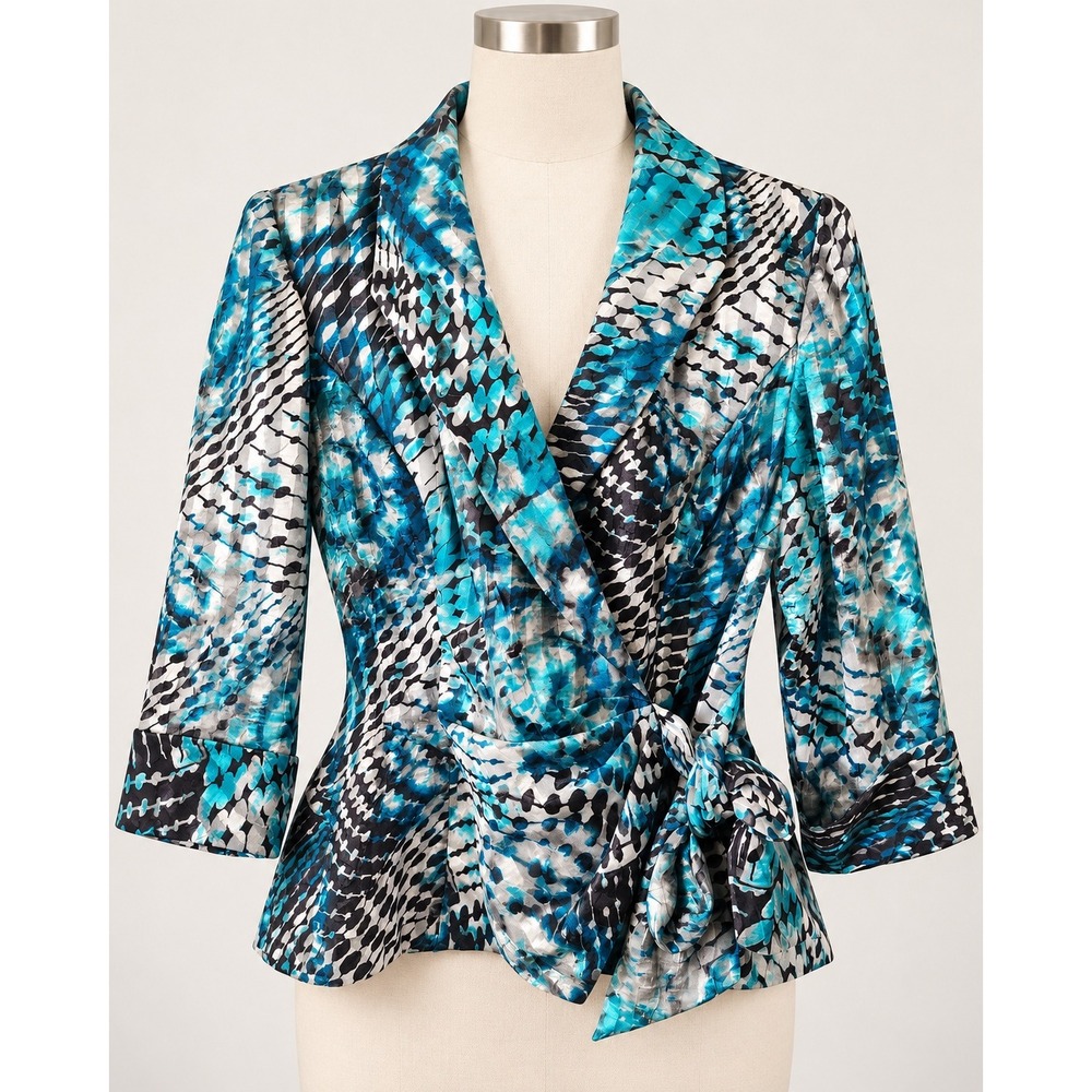 Alex Evenings Blue Black Abstract Print Wrap Blouse Side Tie Jacket Top Medium